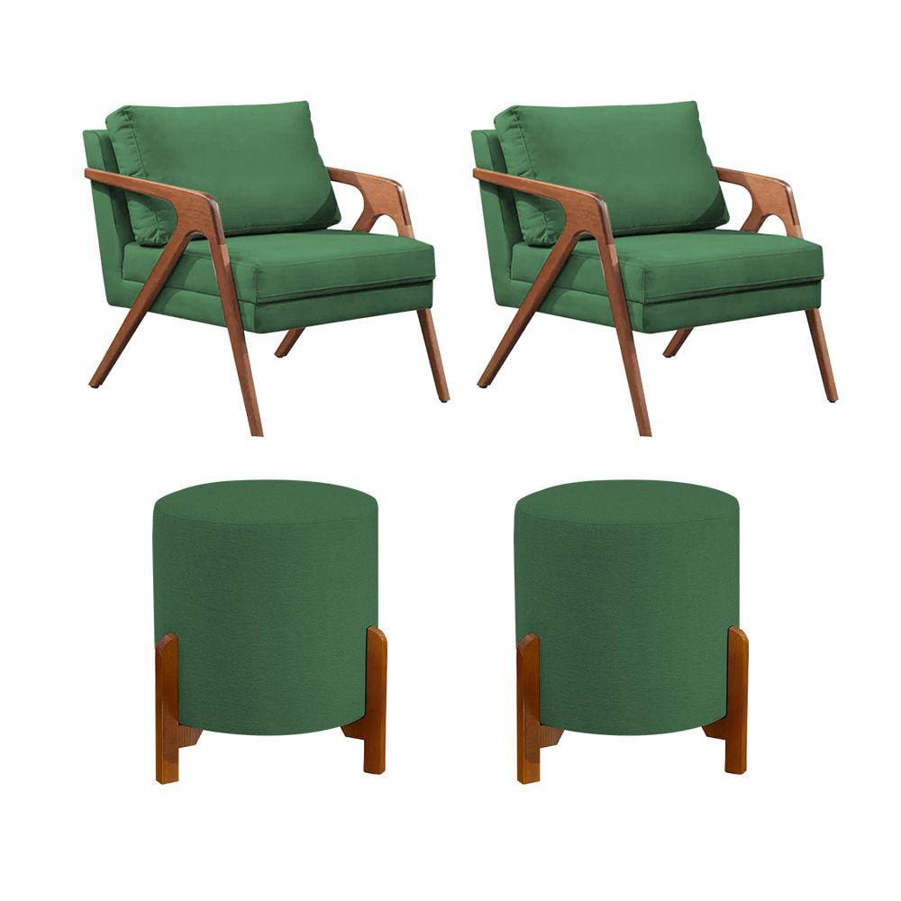 Conjunto 2 Poltronas Mona Decorativa e 2 Puff Thor Estofado Base Madeira Maciça Linho Verde