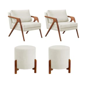 Conjunto 2 Poltronas Mona Decorativa e 2 Puff Thor Estofado Base Madeira Maciça Linho Cru