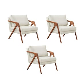 Kit 3 Poltronas Decorativas Mona Premium Base Madeira Maciça Linho Cru