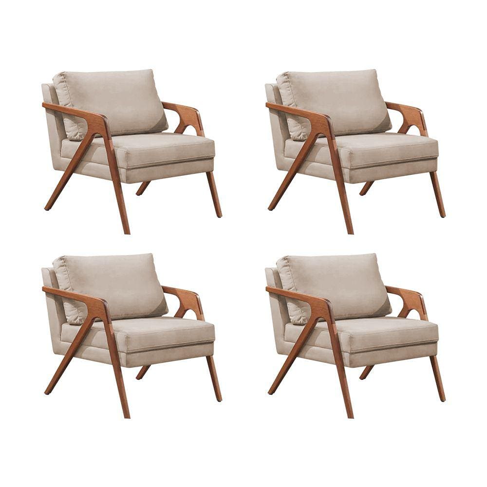Kit 4 Poltronas Decorativas Mona Premium Base Madeira Maciça Veludo Bege