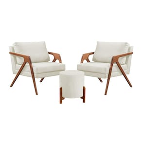 Conjunto 2 Poltronas Mona Decorativa e 1 Puff Thor Estofado Base Madeira Maciça Linho Cru