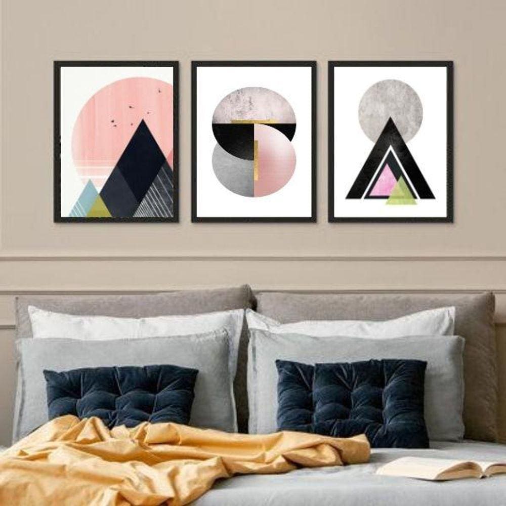 Kit 3 Quadros Geométricos Quarto Rosê E Preto 33X24Cm