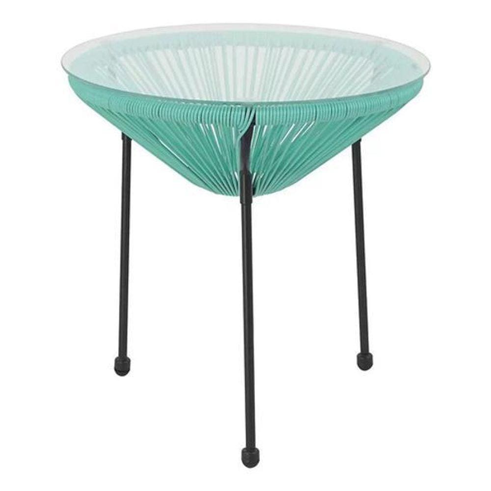 Mesa Redonda Aco Vidro 50X50Cm Rattan Azul - Home Deluxe