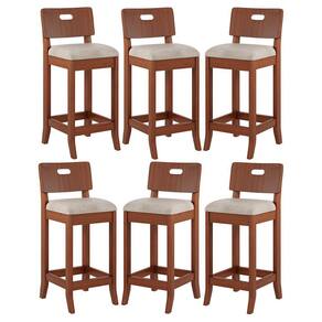 Kit 6 Banquetas Média Estofada Encosto Dubai 36x90Cm Bancada Madeira Maciça Linho Bege M58 - RMI