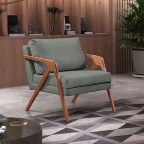 Poltrona Decorativa Mona Premium Base Madeira Maciça Linho Cinza