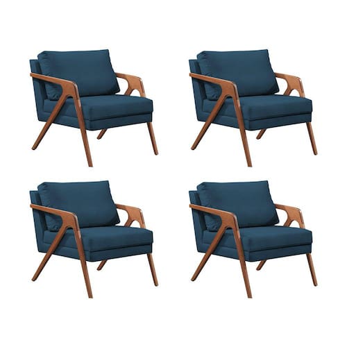 imagem-Kit 4 Poltronas Decorativas Mona Premium Base Madeira Maciça Veludo Azul Marinho - Azul Turquesa