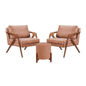 Conjunto 2 Poltronas Mona Decorativa e 1 Puff Thor Estofado Base Madeira Maciça Linho Terracota
