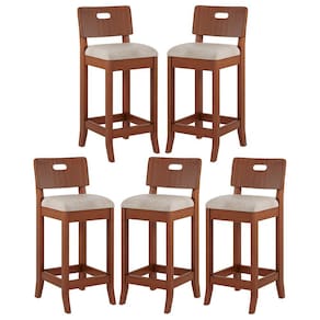 Kit 5 Banquetas Média Estofada Encosto Dubai 36x90Cm Bancada Madeira Maciça Linho Bege M58 - RMI