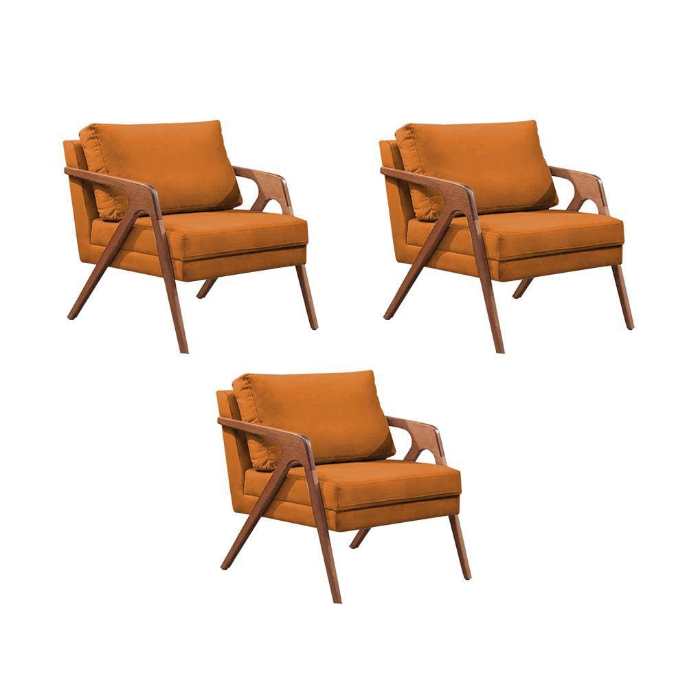 Kit 3 Poltronas Decorativas Mona Premium Base Madeira Maciça Veludo Terracota