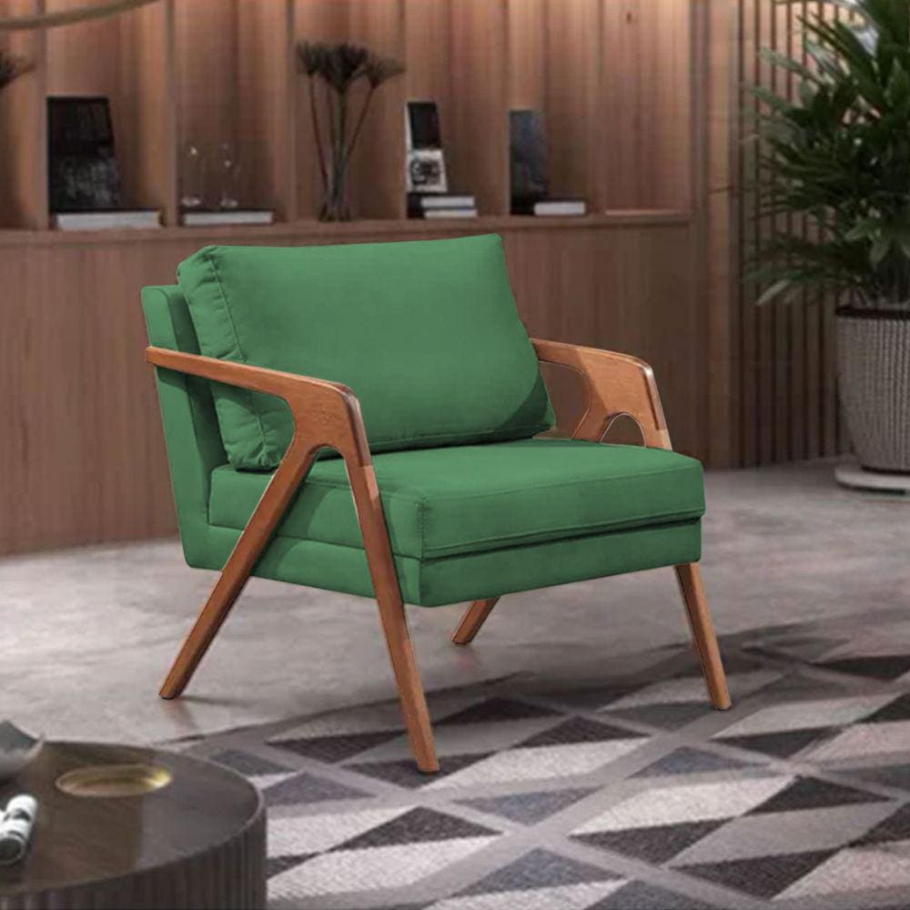 Poltrona Decorativa Mona Premium Base Madeira Maciça Linho Verde