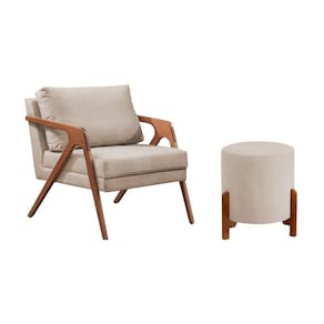 Conjunto Poltrona Mona Decorativa e Puff Thor Estofado Base Madeira Maciça Veludo Bege