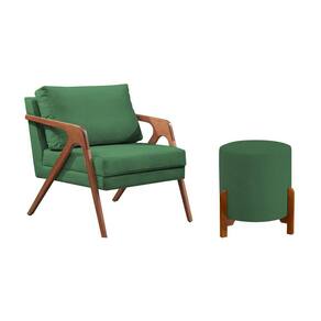 Conjunto Poltrona Mona Decorativa e Puff Thor Estofado Base Madeira Maciça Linho Verde