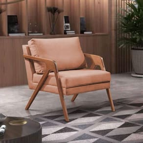Poltrona Decorativa Mona Premium Base Madeira Maciça Linho Terracota