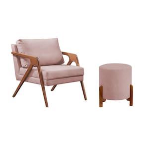 Conjunto Poltrona Mona Decorativa e Puff Thor Estofado Base Madeira Maciça Veludo Rose
