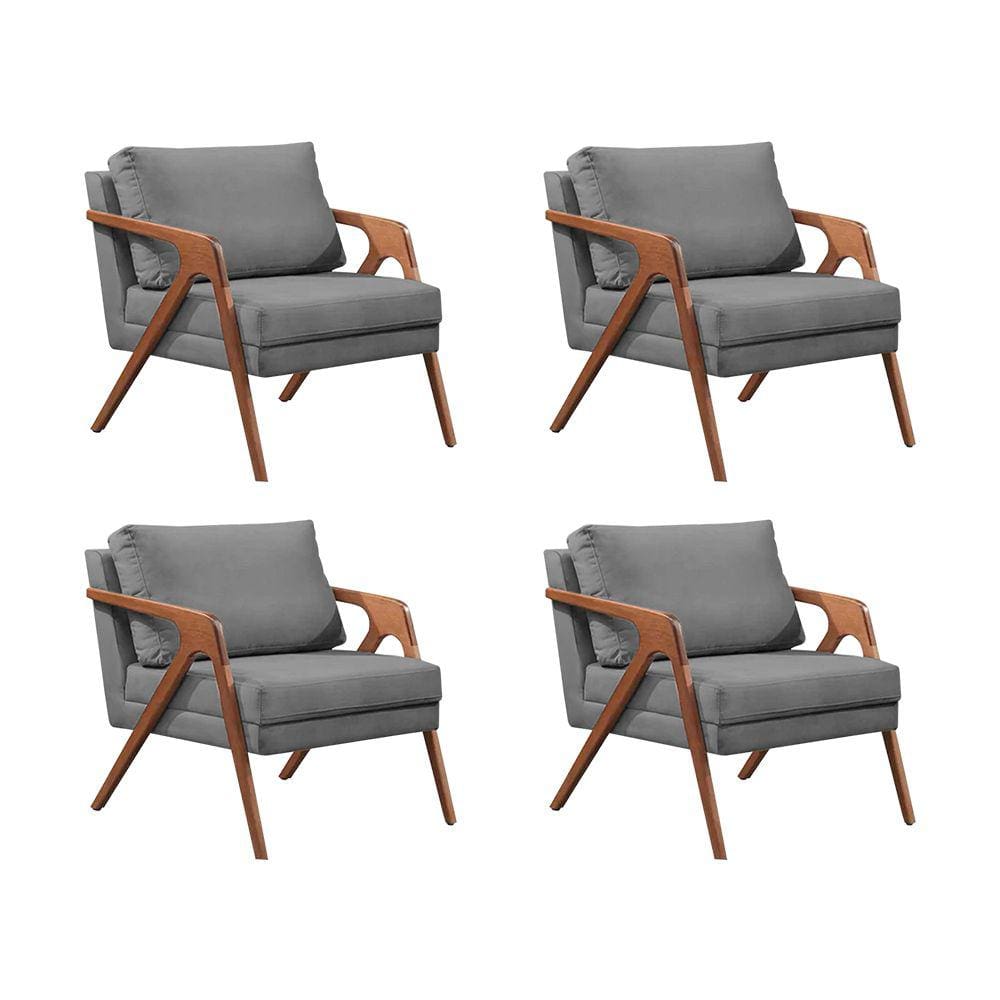 Kit 4 Poltronas Decorativas Mona Premium Base Madeira Maciça Veludo Cinza