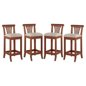 Kit 4 Banquetas Média Estofada Encosto Valentina 36x90Cm Bancada Madeira Maciça Linho Bege M58 - RMI