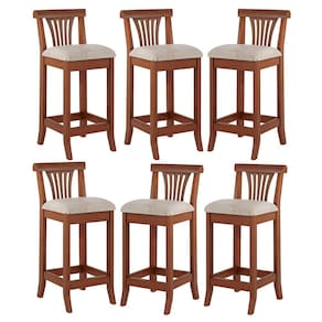 Kit 6 Banquetas Média Estofada Encosto Valentina 36x90Cm Bancada Madeira Maciça Linho Bege M58 - RMI