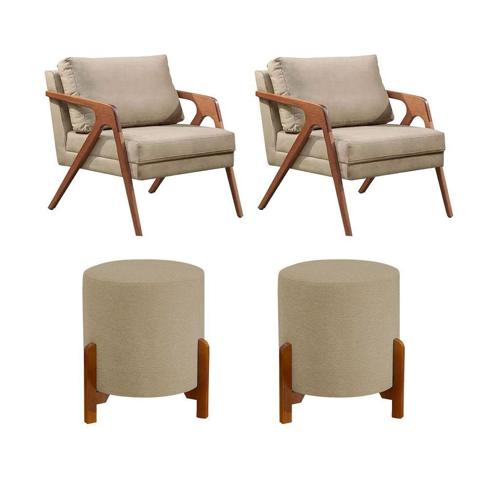 Conjunto 2 Poltronas Mona Decorativa e 2 Puff Thor Estofado Base Madeira Maciça Linho Bege