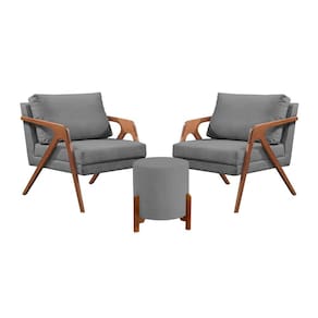 Conjunto 2 Poltronas Mona Decorativa e 1 Puff Thor Estofado Base Madeira Maciça Veludo Cinza