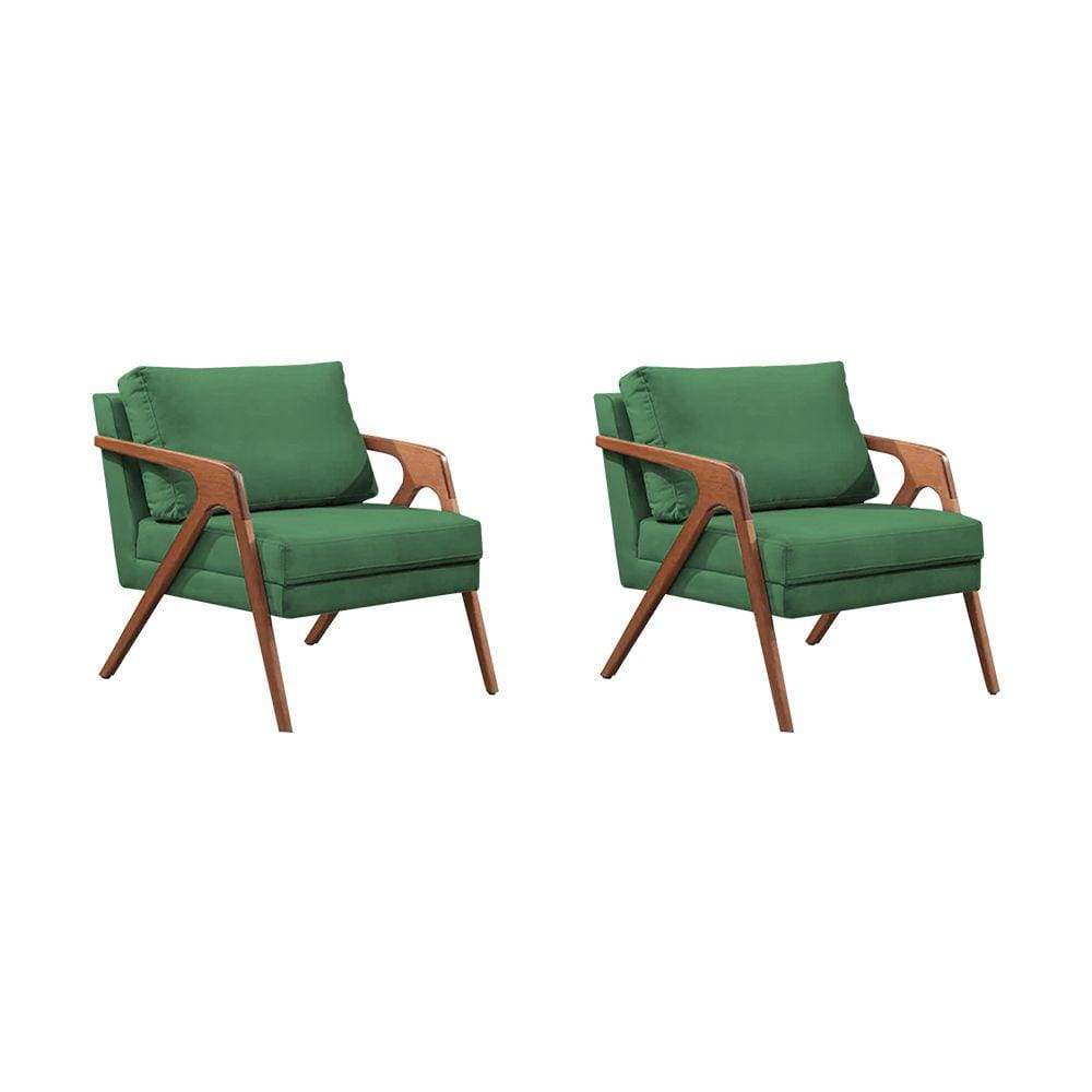 Kit 2 Poltronas Monalisa Decorativa Base em Madeira Maciça Estofado Linho Verde