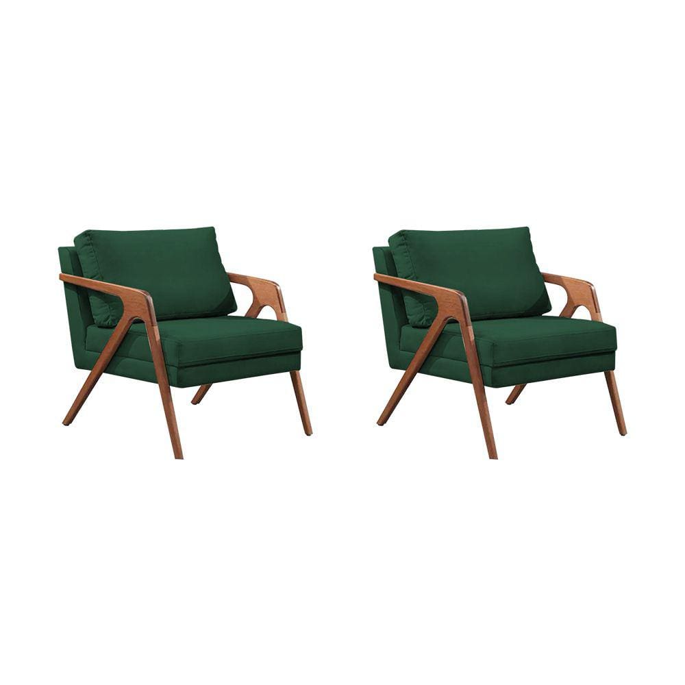 Kit 2 Poltronas Decorativas Mona Premium Base Madeira Maciça Veludo Verde