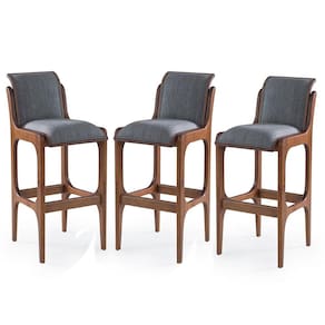 Kit 3 Banquetas Alta Estofada Barcelona 37 x 101 Cm Madeira Maciça Imbuia Linho Cinza L55 - RMI