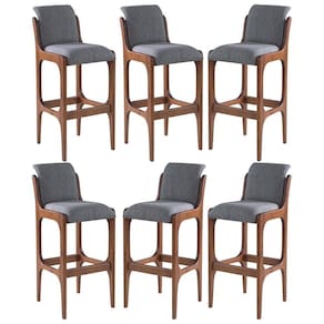 Kit 6 Banquetas Alta Irlanda 45 x 101 Cm Madeira Maciça Imbuia Linho Cinza L55 - RMI