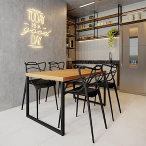 Conjunto Mesa Madeira Maciça Bernardo 1,30m Ferragem Preta com 4 Cadeiras Alegra Preta