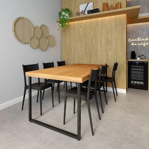 Conjunto Mesa Madeira Maciça Bernardo 1,80m Ferragem Preta com 6 Cadeiras Tramontina Preta