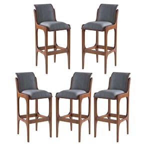 Kit 5 Banquetas Alta Estofada Barcelona 37 x 101 Cm Madeira Maciça Imbuia Linho Cinza L55 - RMI