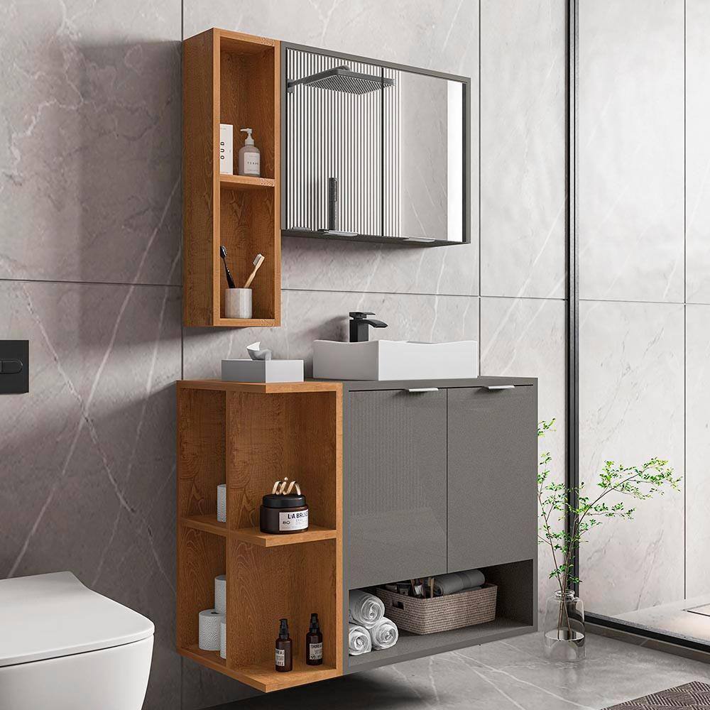 Gabinete Banheiro Com Cuba E Espelheira 70 cm Titanium Naturalle Ibiza Bechara - Cinza
