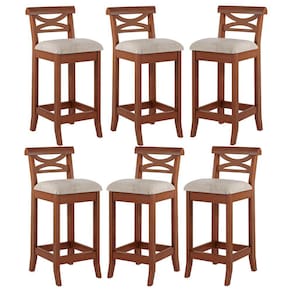 Kit 6 Banquetas Média Estofada Encosto 36x90Cm Copacabana Bancada Madeira Linho Bege M58 - RMI
