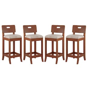 Kit 4 Banquetas Média Estofada Encosto Dubai 36x90Cm Bancada Madeira Maciça Linho Bege M58 - RMI