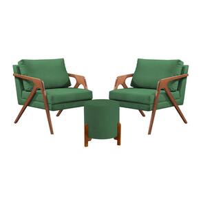 Conjunto 2 Poltronas Mona Decorativa e 1 Puff Thor Estofado Linho Verde Base Madeira Maciça