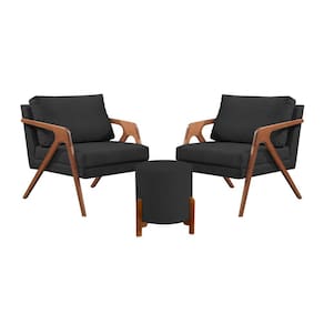 Conjunto 2 Poltronas Mona Decorativa e 1 Puff Thor Estofado Base Madeira Maciça Veludo Preto