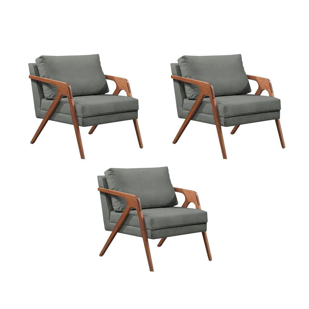 Kit 3 Poltronas Decorativas Mona Premium Base Madeira Maciça Linho Cinza