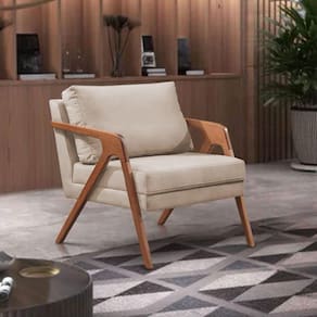 Poltrona Decorativa Mona Premium Base Madeira Maciça Veludo Bege