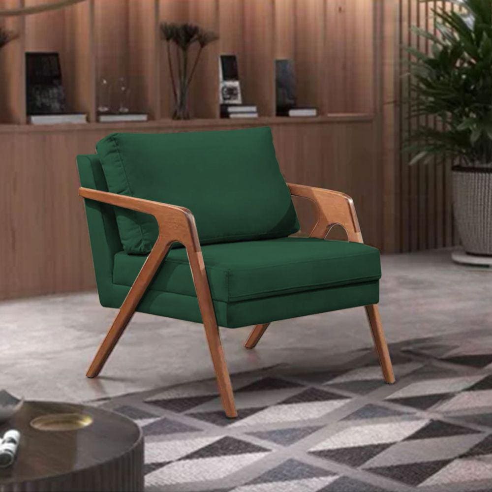 Poltrona Decorativa Mona Premium Base Madeira Maciça Veludo Verde