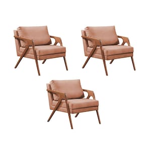 Kit 3 Poltronas Decorativas Mona Premium Base Madeira Maciça Linho Terracota