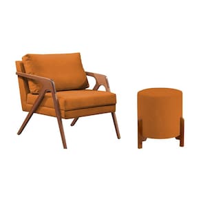 Conjunto Poltrona Mona Decorativa e Puff Thor Estofado Base Madeira Maciça Veludo Terracota