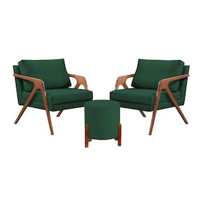 Conjunto 2 Poltronas Mona Decorativa e 1 Puff Thor Estofado Base Madeira Maciça Veludo Verde