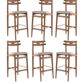 Kit 6 Banquetas Alta Estofada França 46 x 106 Cm Madeira Maciça Mel Facto Impermeável Pérola - RMI