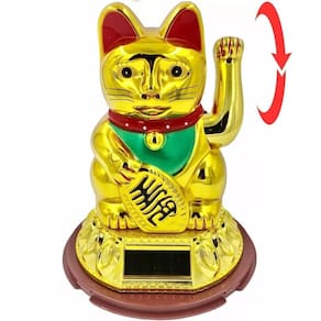 Gato Da Sorte Dourado Maneki Neko Balança Mão Carrega Solar