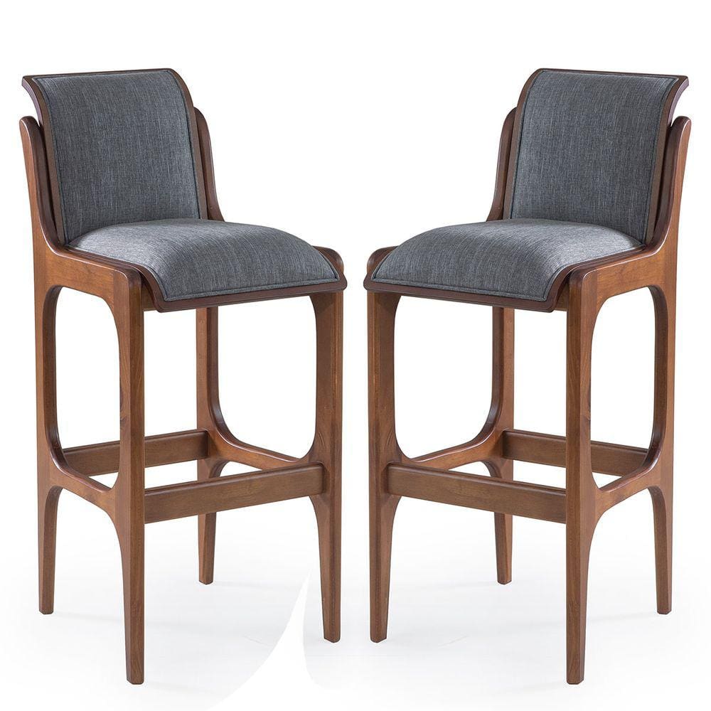 Kit 2 Banquetas Alta Estofada Barcelona 37 x 101 Cm Madeira Maciça Imbuia Linho Cinza L55 - RMI