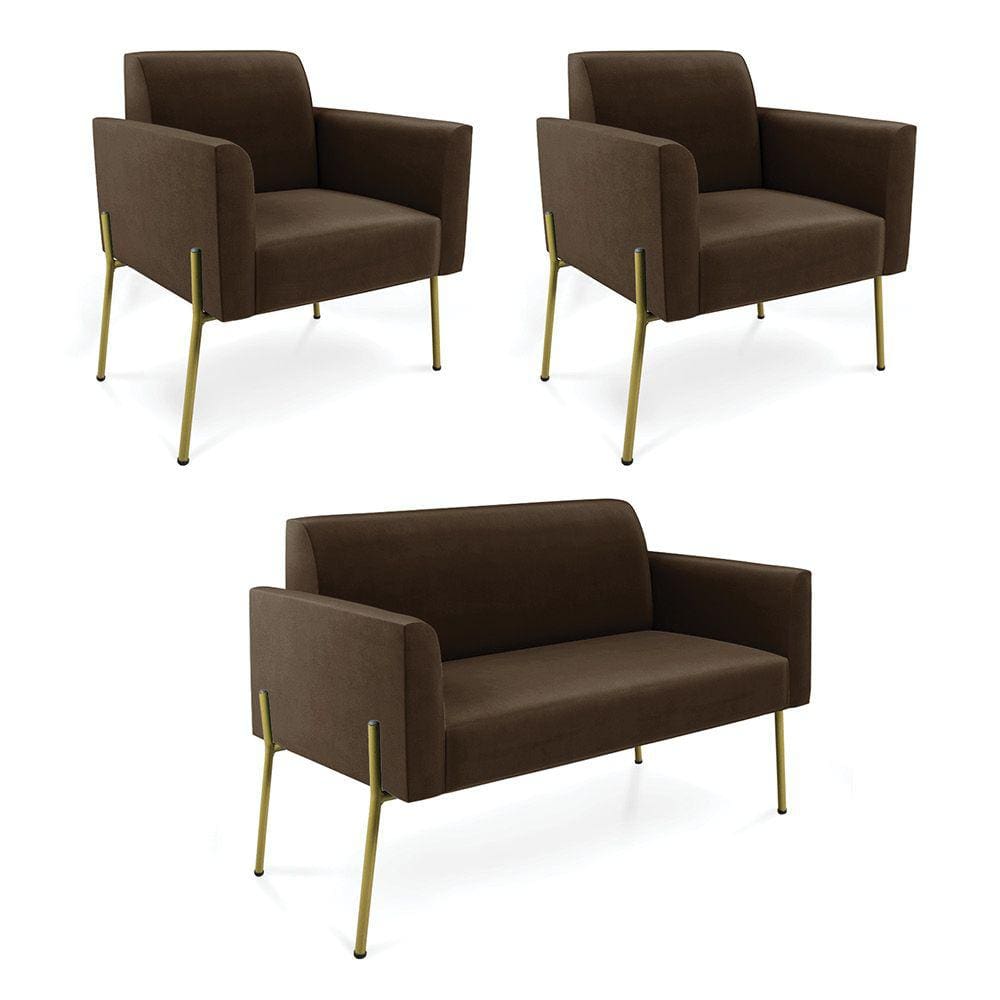 Sofá Namoradeira e 2 Poltronas Pé de Ferro Dourado Marisa Suede Marrom D03 - D`Rossi