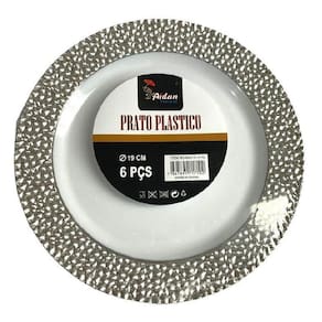 Prato Sobremesa Natal Borda Decorado Prata Acrílico-Kit 6Un