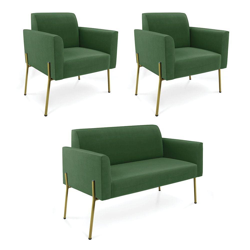 Sofá Namoradeira e 2 Poltronas Pé de Ferro Dourado Marisa Suede D03 - D`Rossi