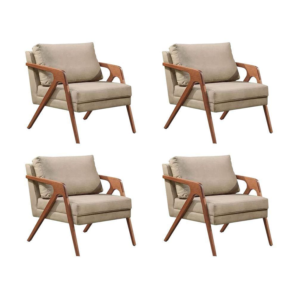 Kit 4 Poltronas Decorativas Mona Premium Base Madeira Maciça Linho Bege