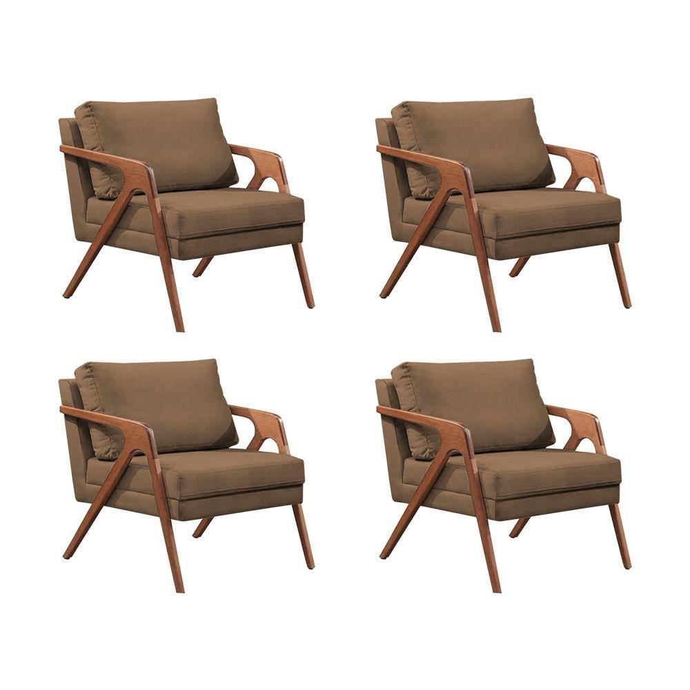Kit 4 Poltronas Decorativas Mona Premium Base Madeira Maciça Veludo Marrom