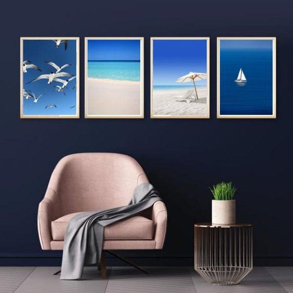 Kit 4 Quadros Decorativos Praia Azul 45X34Cm